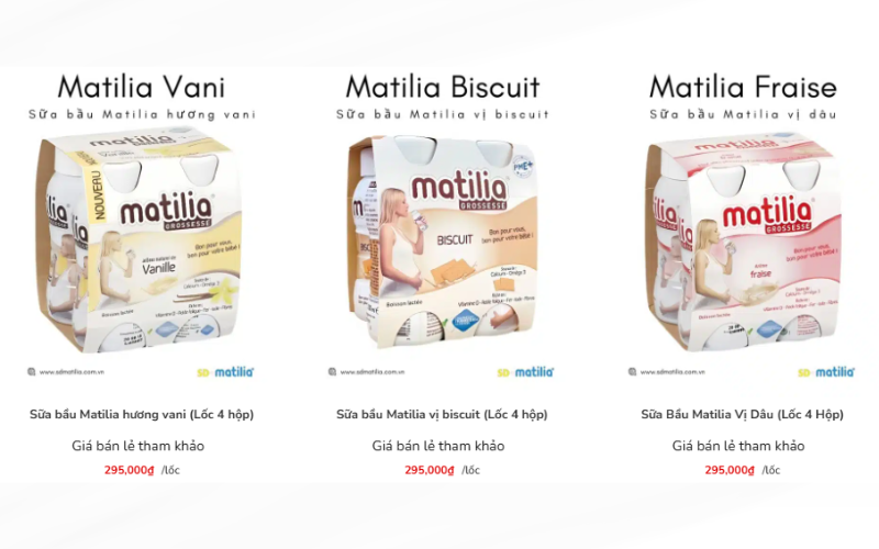 Sữa bầu Matilia hiện có giá 295.000 đồng/1 lốc 4 chai